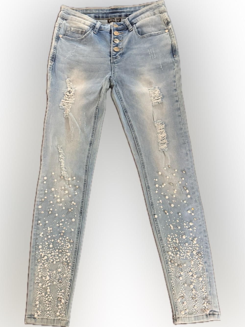 VENUS Light Blue Distressed Skinny Jeans with Pearl Embellishment
